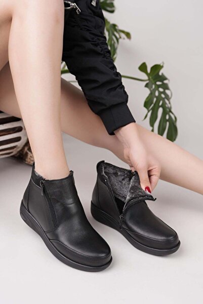 Castle Black 42646 Black Genuine Leather Double Zippered Fur Women's Boots