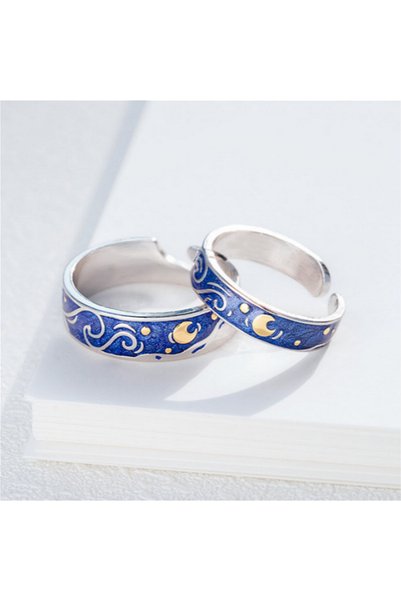 Choice RI21Y0556 Romantic Star Moon Couple Rings Blue Starry Night Rings For ...
