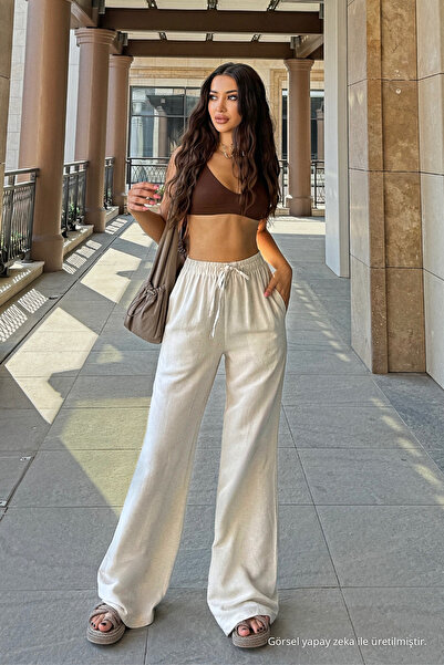 BİKELİFE High Waist Loose Fit Linen Blend Pants