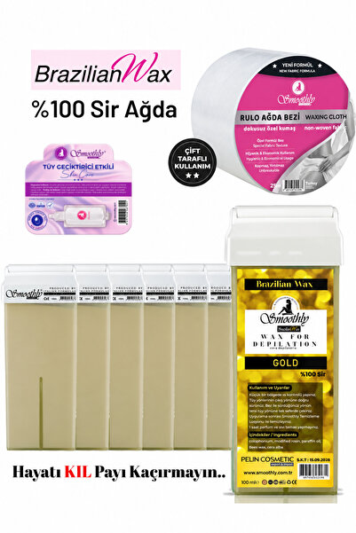 Smoothly 6 adet GOLD Brazılıan Rool on kartuş ağda 10 mt sir ağda bezi 1 ad.t...