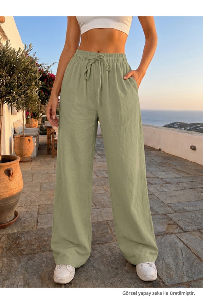 BİKELİFE Linen Blend Tie-Waist Palazzo Pants