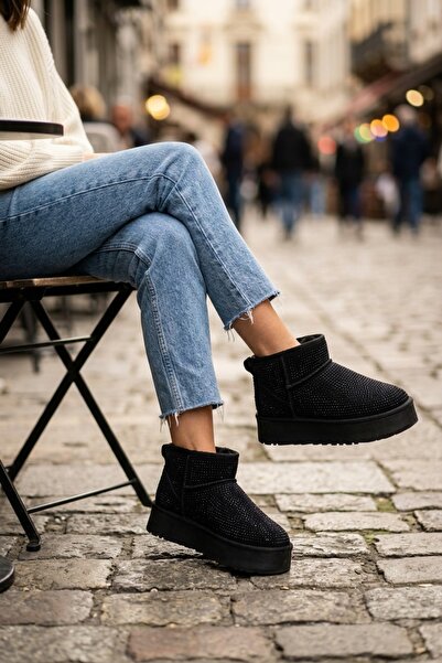 Beyond Women's Stoned Black High Sole Ultra Mini Suede Boots with Fur Inside ...