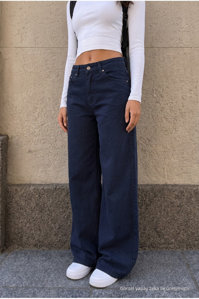 alanora High Waist Wide Leg Palazzo Stretchy Lycra Dark Navy Blue School Trou...