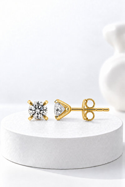 jelux silver Gümüş 925 Ayar 5 mm Solitaire Star Kesim Zirkon Taşlı Gold Küpe