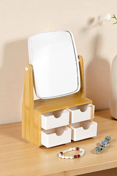 İronika Bamboo 4 Drawers Mirrored Makeup Organizer Ring Jewelry Accessory Box...