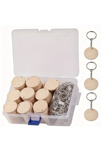 Choice 3-4cm Other 150 Pcs/ Box Round Wooden Discs with Keychain Wood Tags wi...