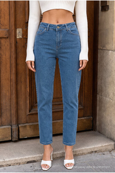 alanora Pantaloni din denim albastru, stil boyfriend, cu talie înaltă, Mom Fit
