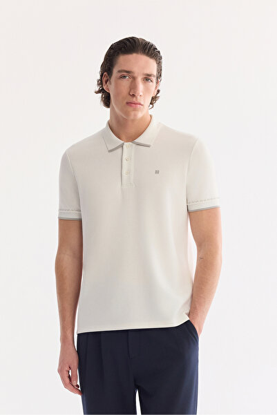 Avva Men's Ecru Non-Curling Polo Collar Buttoned Bi-Stretch Interlock Regular...