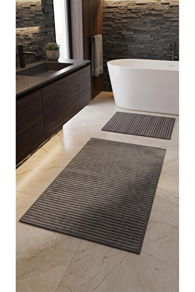 dekozer Lidya Anthracite Striped 2-Piece Mat Set (60X100+50X60) Non-Slip, Eas...