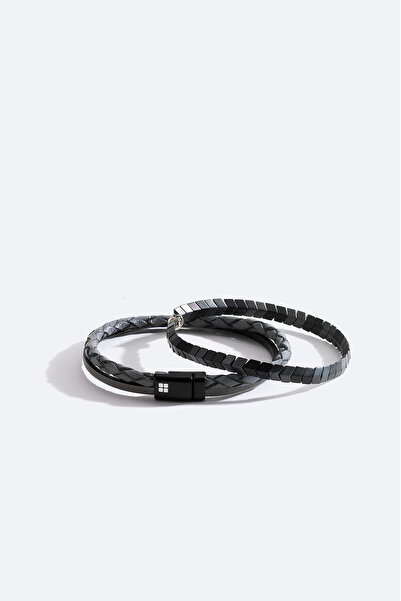 Avva Men's Anthracite Leather and Hematite Stone Bracelet A51Y9612