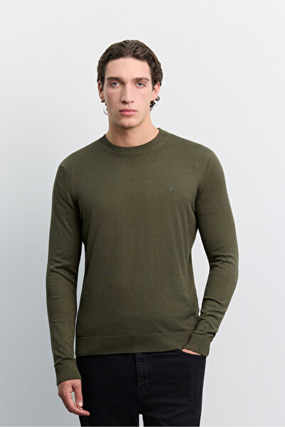Avva Men's Khaki Crew Neck Viscose Blend Basic Knitwear Regular Fit Sweater B...