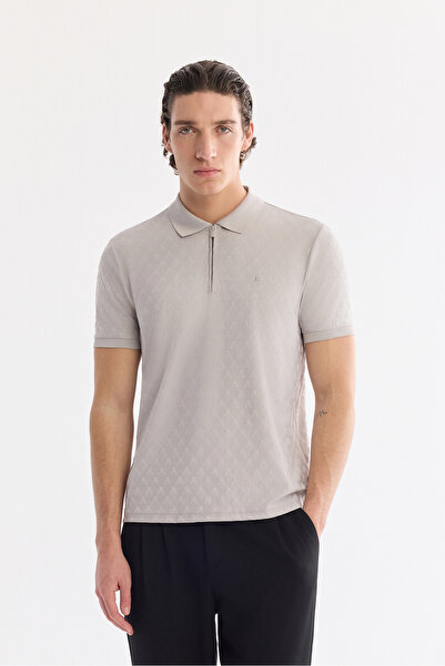 Avva Men's Stone Non-Curling Polo Collar Zippered Regular Fit T-Shirt A61Y1090