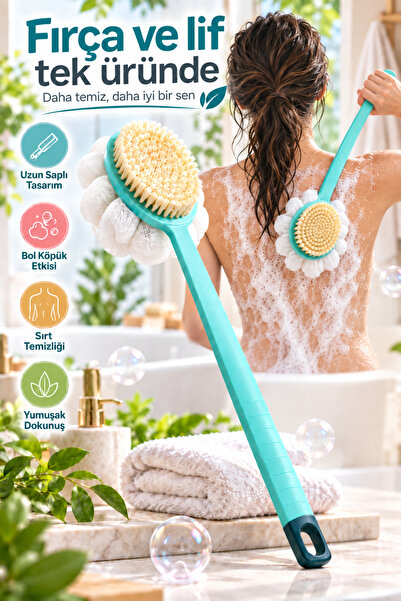 MUJGAN 2'si 1 Arada Çift Taraflı Uzun Saplı Banyo ve Vücut Fırçası
