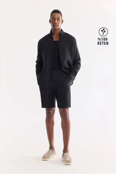 Avva Erkek Siyah Beli Lastikli %100 Keten Relaxed Fit Şort B003732