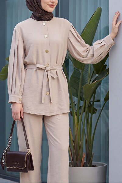 Modamorfo Lena Set with Watermelon Sleeves and Tie-Waist Pants - Light Mink