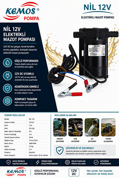 Kemos Nil Power 12 Volt 3/4" Dıştan Çekme Sıvı Aktarma Pompası