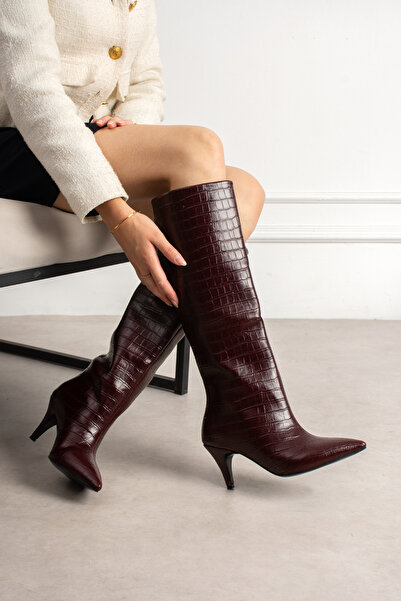 dabab shoes ASTER Γυναικείες μπότες μπορντό από δέρμα κροκόδειλου με μυτερή μ...