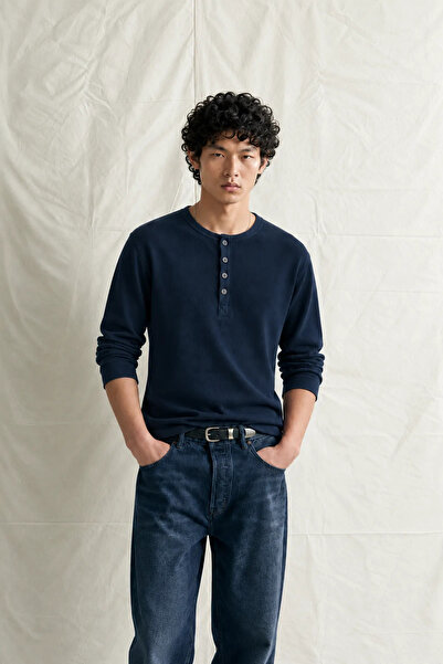 no7man Shale - Navy Blue - Crew Neck Long Sleeve - 100% Cotton - Collar Butto...