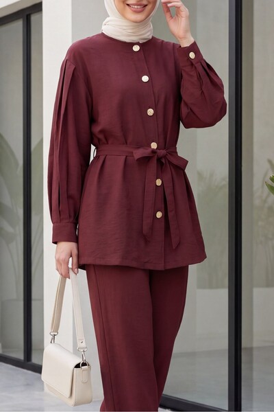 Modamorfo Lena Set with Watermelon Sleeves and Tie-Waist Pants - Plum