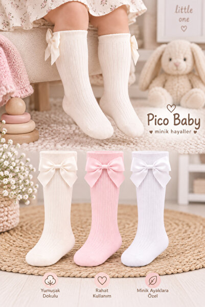 Pico Baby 3'lü Kız Bebek & Çocuk Pamuklu Dizaltı Çorap