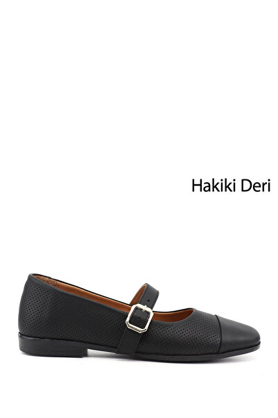 GÖNDERİ(R) Kadın Siyah Baskılı Mary Jane Hakiki Deri Babet