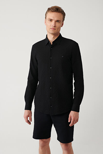 Avva Men's Black Bottomed Britli Collar Easy Wrinkle-Free Ironable Regular Fi...