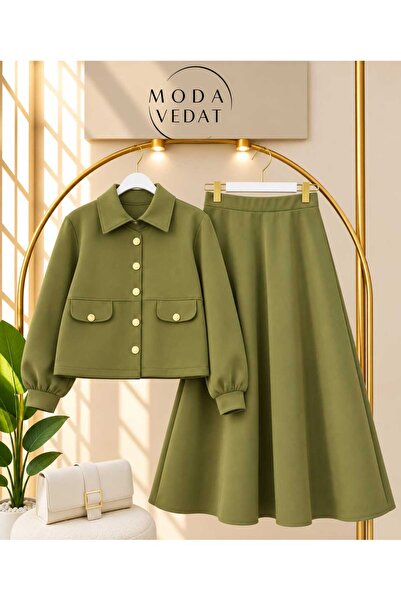 MODA VEDAT Set fustă din material scuba pentru damă, cu nasturi aurii -0580