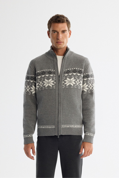 Avva Men's Gray Stand Collar Zippered Patterned Knitwear Regular Fit Cardigan...