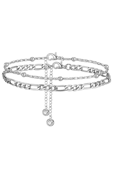 Choice Silver 2Pcs Fashion Stainless Steel Anklet Set For Women Cuban Rice Be...
