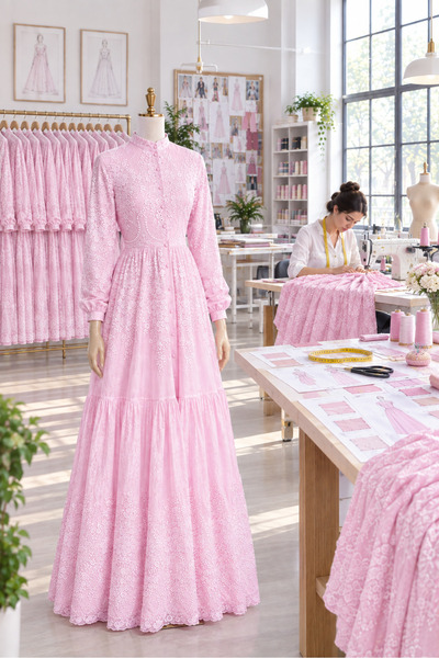 Muslima Wear Perla Rossa İnci Düğmeli Pembe Gül Desenli Kadın Elbisesi