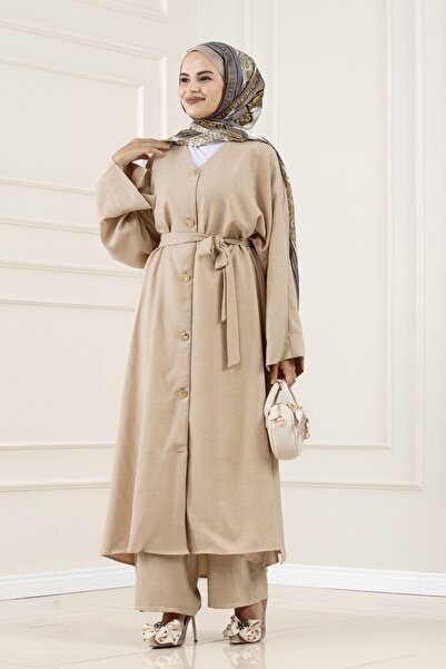 Sevitli Buttoned Davin Abaya Double Set-Beige