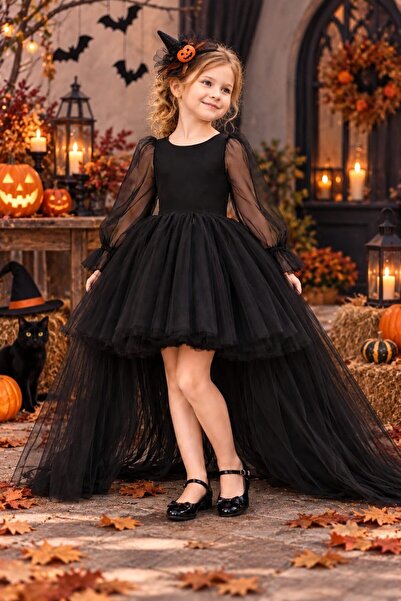 SUNEH Halloween, Kız Çocuk Siyah Tül Elbise Uzun Kuyruklu Prenses Model, Mezu...