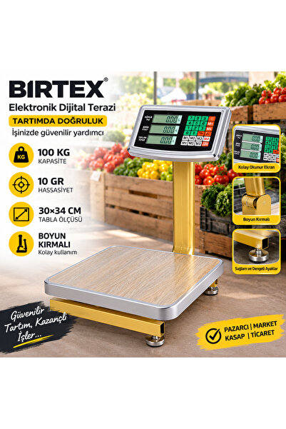 birtex 100 KĞ Elektronik Dijital Terazi Baskül 30X34cm Tabla ölçüsü 10gr Hass...
