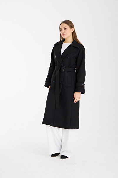 Bolivente Black Regular Double-Breasted Cashmere Coat with Epaulet Detail