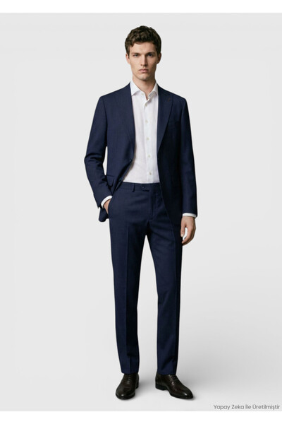 Ramsey Lacivert Kareli Zeroweight Slim Fit %100 Yün Takım Elbise
