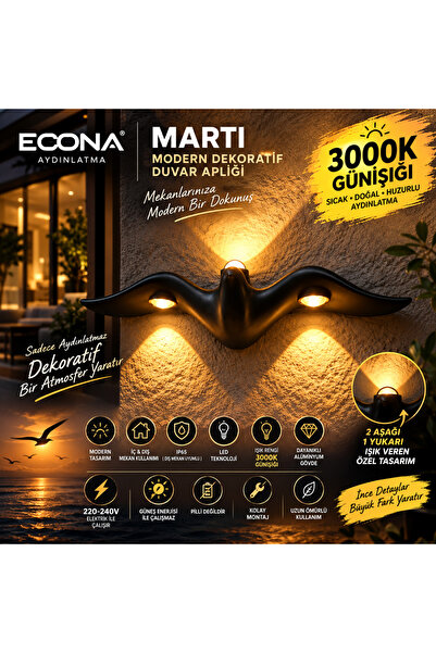 ECONA Martı Dekoratif Duvar Apliği GÜNIŞIĞI RENK,Modern Dış Mekan Aydınlatma ...