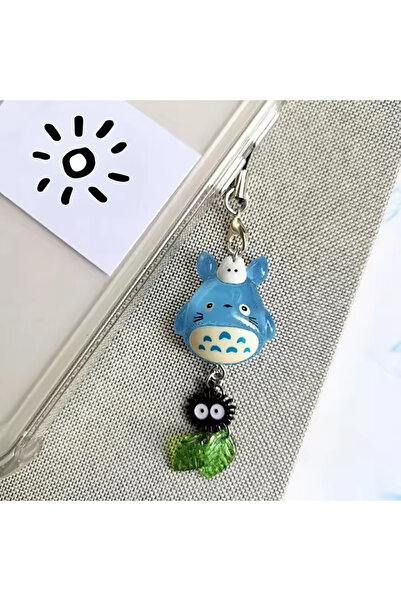 Miniso Blue longmao Kawaii Blue Animal Totoro Phone Charm Soot Sprite Keychai...