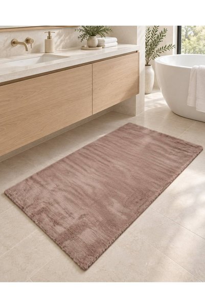 DEKOSET Home Tavşan Tüyü Kahverengi Düz Peluş Yumuşak Kaymaz TPR Tabanlı Bany...