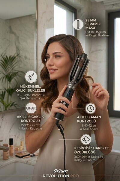 Arzum AR5171 Revolution Pro Otomatik Bukle ve Saç Maşası 25 mm Seramik LCD Ek...