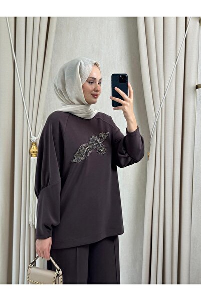 Nuss 1077 Önü Boncuk işlemeli Takım Kahverengi