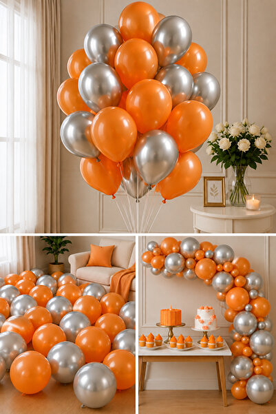 Parti dolabı 25 Pieces Metallic Pearlescent Orange-Silver Helium Flying Ballo...
