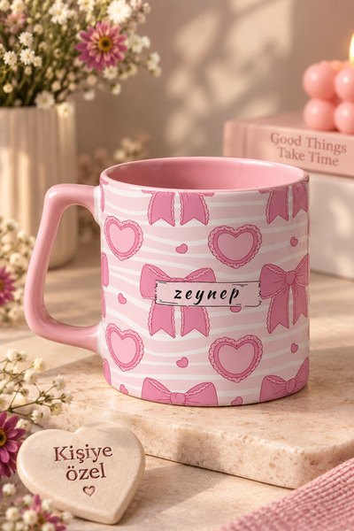 Eylül Design Kişiye Özel İsim Baskılı Pastel Pembe Kalpli Seramik Kupa Bardak...