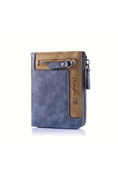 choice2 Blue Men's Retro Short Wallet Multifunctional Fashion Zipper PU Leath...