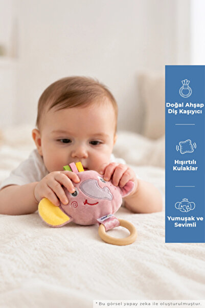 Babyjem Cute Elephant Teether with Wooden Ring Dried Rose