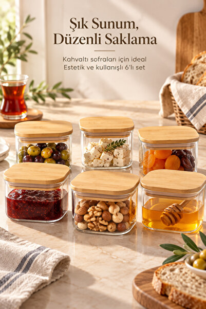 Atbyhome Duo 400ml 6'lı Bambu Vakumlu Kapaklı Borosilikat Cam Kahvaltılık Seti