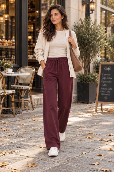 Mossta Modal Kumaş Beli Lastikli Bağcıklı Düz Kesim Pantolon Bordo