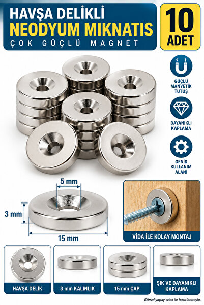 Hobialem 10 Adet - Havşa Delikli, Neodyum Mıknatıs, 15x3 Mm, Çok Güçlü Magnet