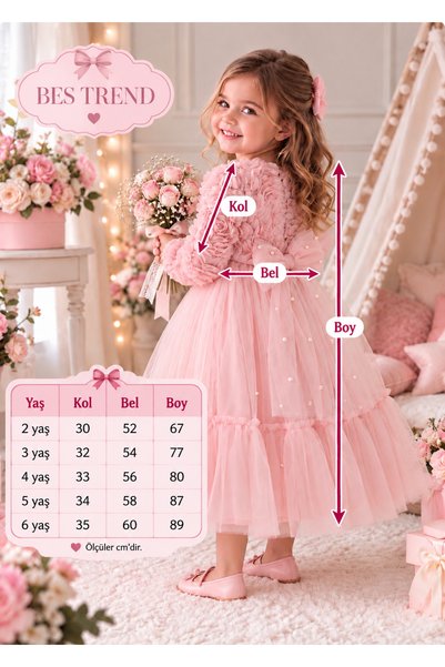 BES TREND Girl's Rose Princess Dress Long Sleeve Bow Stone Detailed Party Birthday Dress