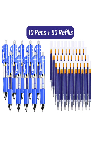 Choice3 Blue 10 Pens 50 Refills Retractable 0.5mm Blue Ink Refills Gel Pens C...