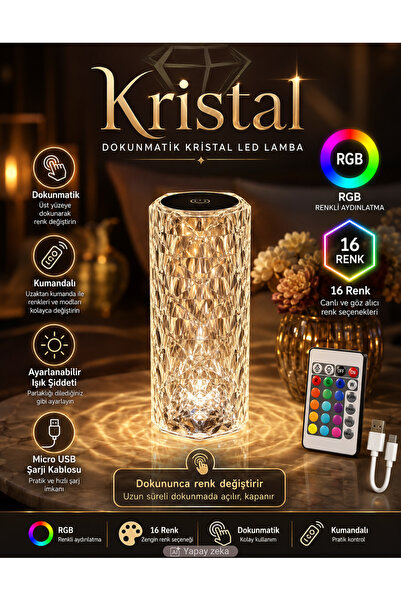 Unichrome Kristal Elmas Led Dokunmatik Sensör Usb Şarjlı Masa Lambası RGB Gec...
